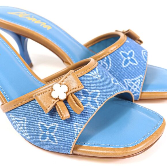 NWT Blue Monogram Denim Slip On High Heel Mules - Picture 5 of 9